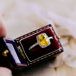 925 Sterling Silver Citrine Stone Ring CZ Crystal Cusion Ring for Her Size 7